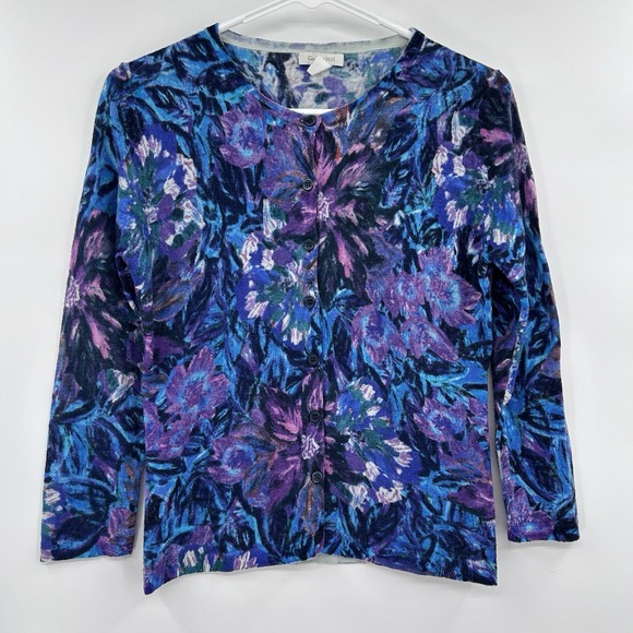 Garnet Hill Sweaters - Garnet Hill Womens‎ Merino Wool Cardigan Sweater Size S Floral 3/4 Sleeve Artsy
